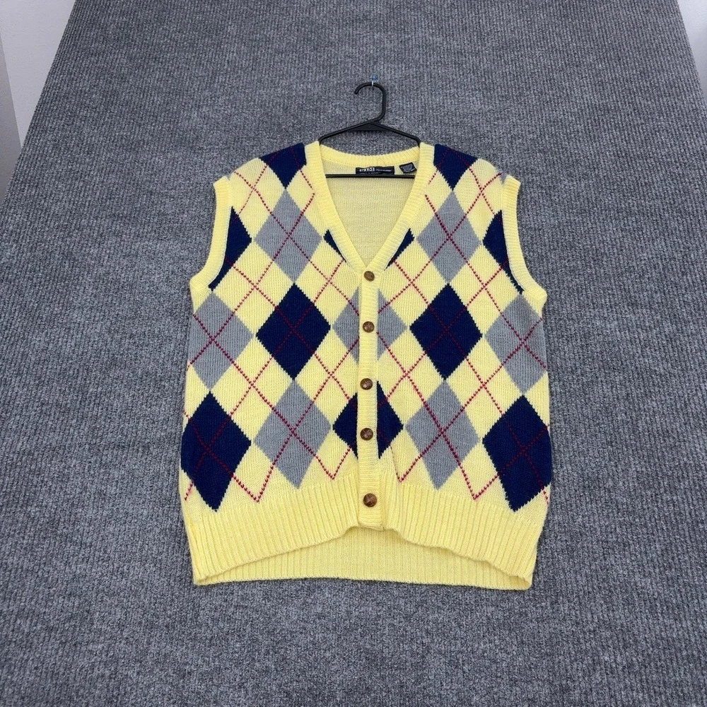 Vintage SIM Sportswear Sweater Vest Mens XL Yellow Acrylic Argyle V-Neck Preppy